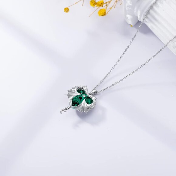 925 Sterling Silver Green Heart Dragon Necklace for Women Girls with Austrian Cr - Picture 3 of 7